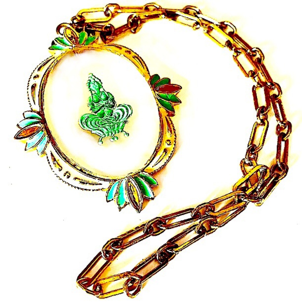 Jomaz Intaglio Reverse Painted Asian Enamel Cameo Pendant Necklace Vintage